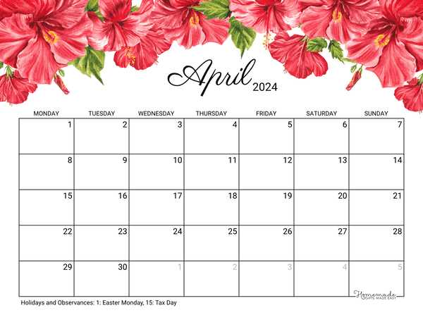 blank calendar template april