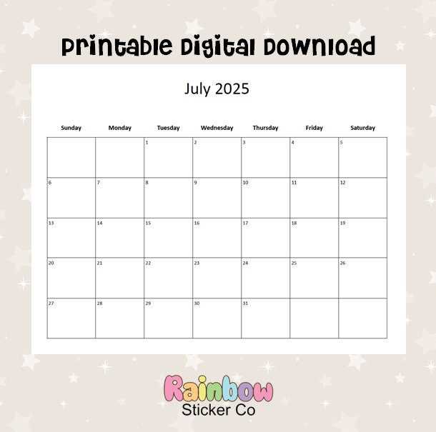 blank calendar template july 2025 printable