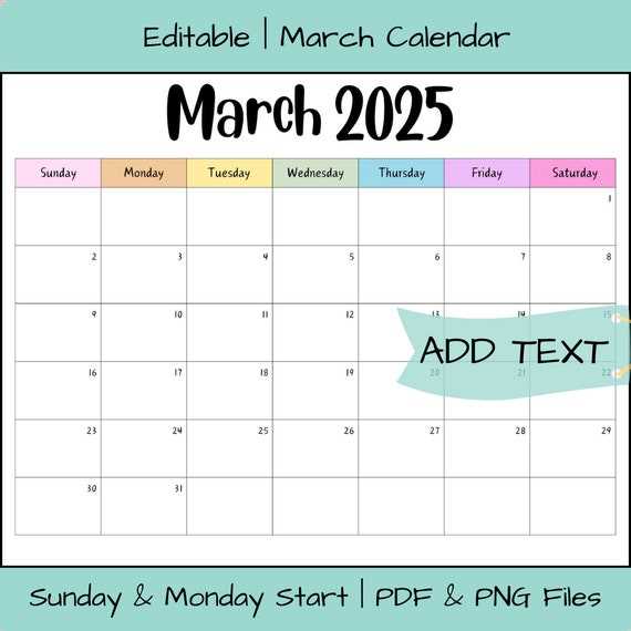 blank calendar template march 2025 printable