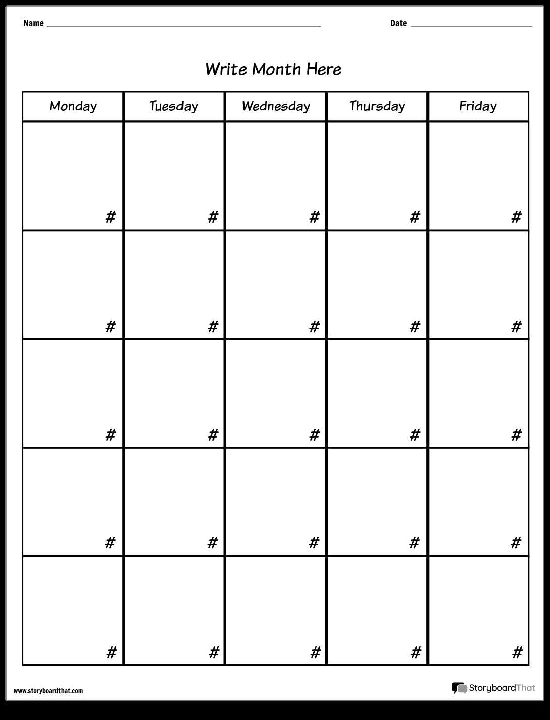 blank monday to friday calendar template