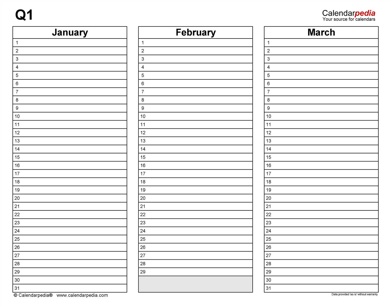 blank quarterly calendar template