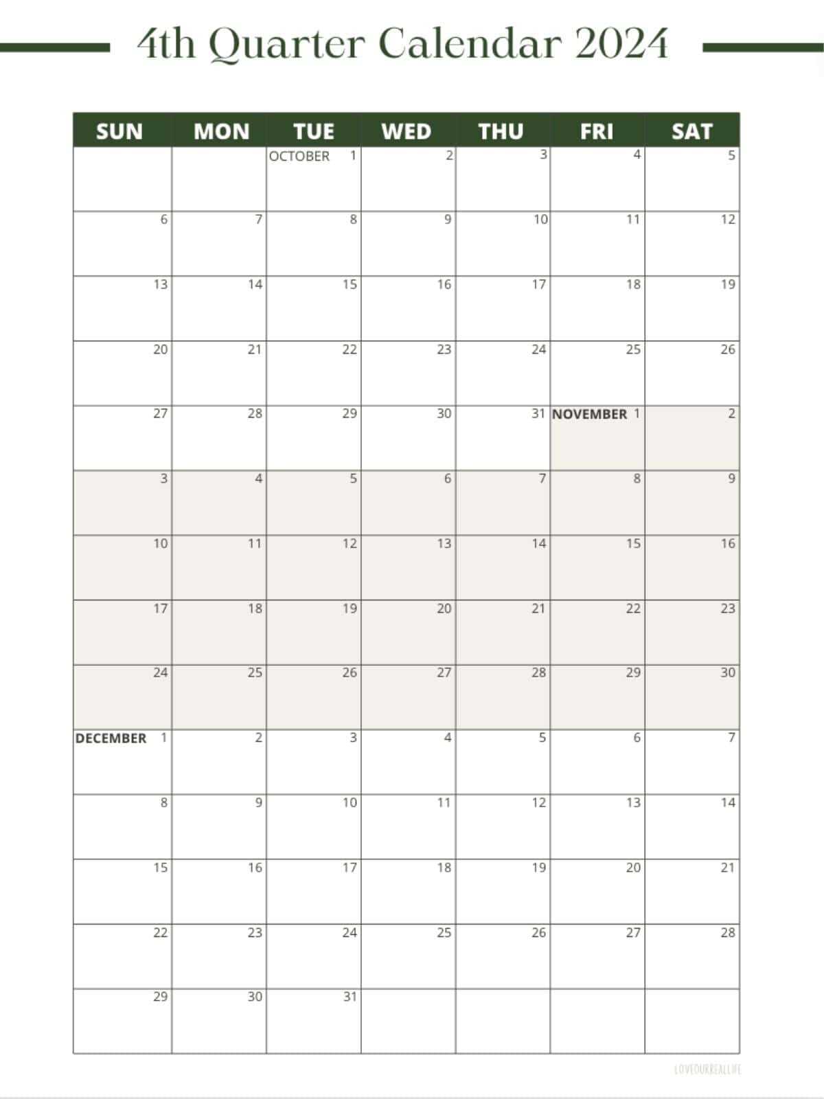 blank quarterly calendar template