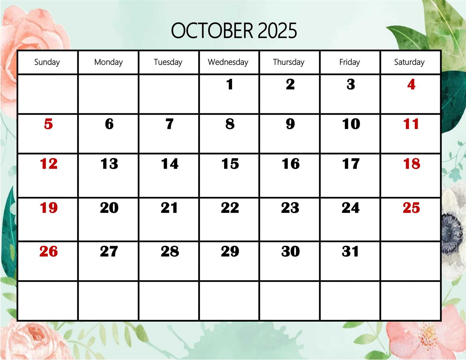 october calendar template 2026