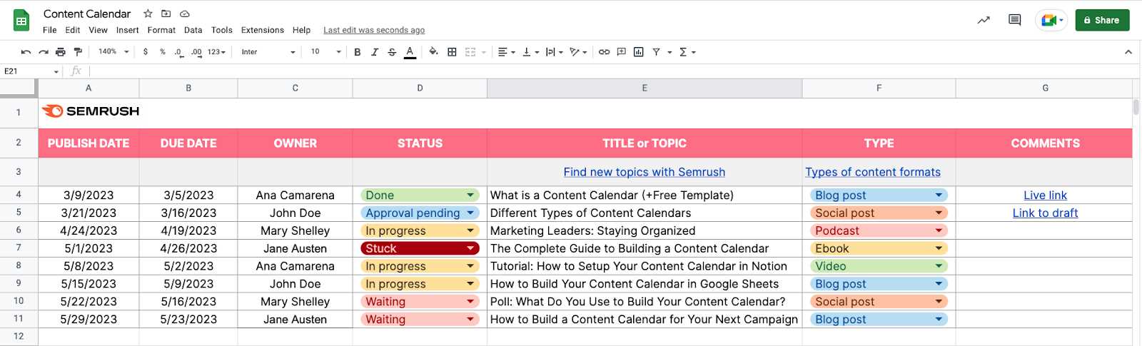 blog post calendar template