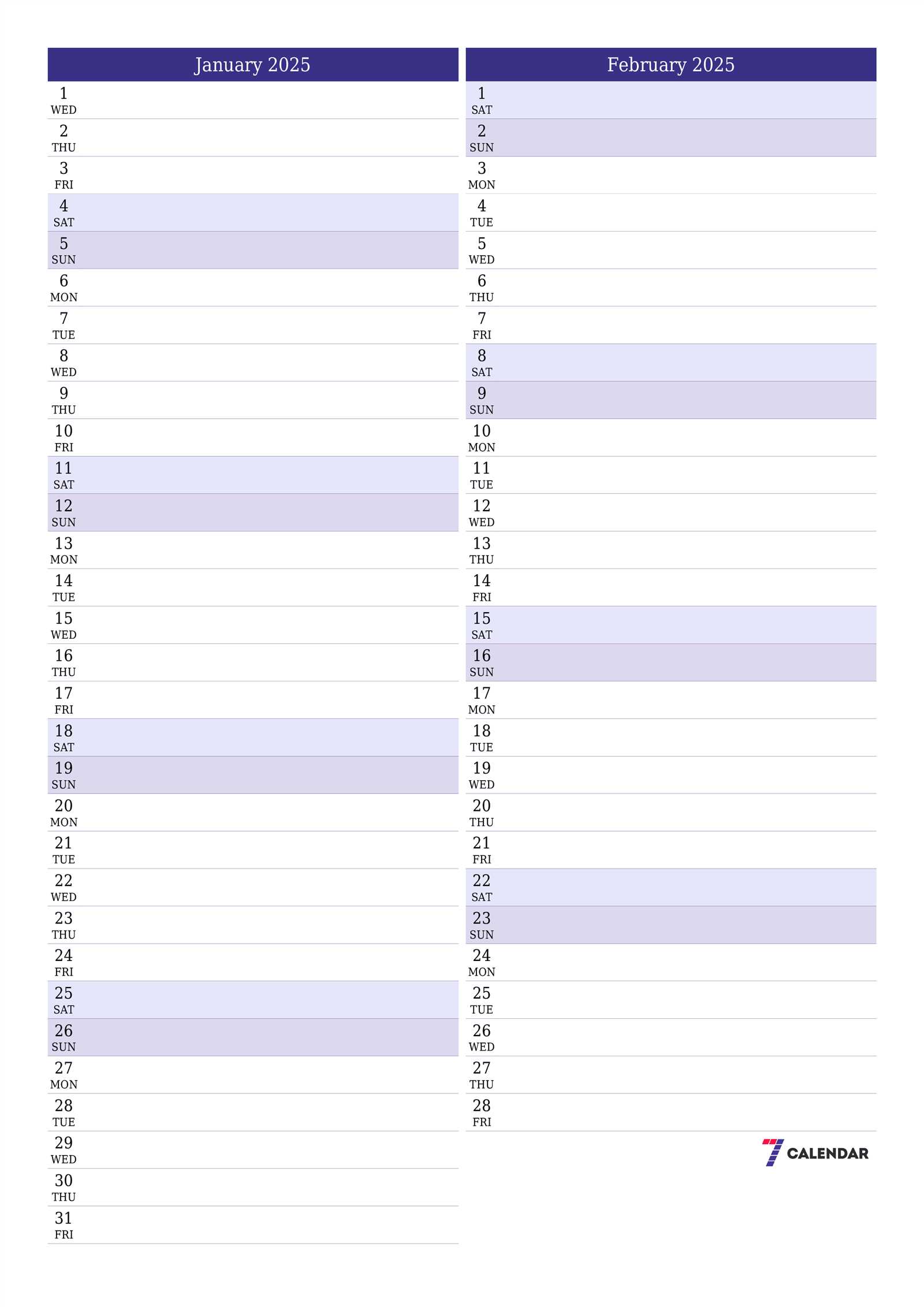 daily calendar 2025 template