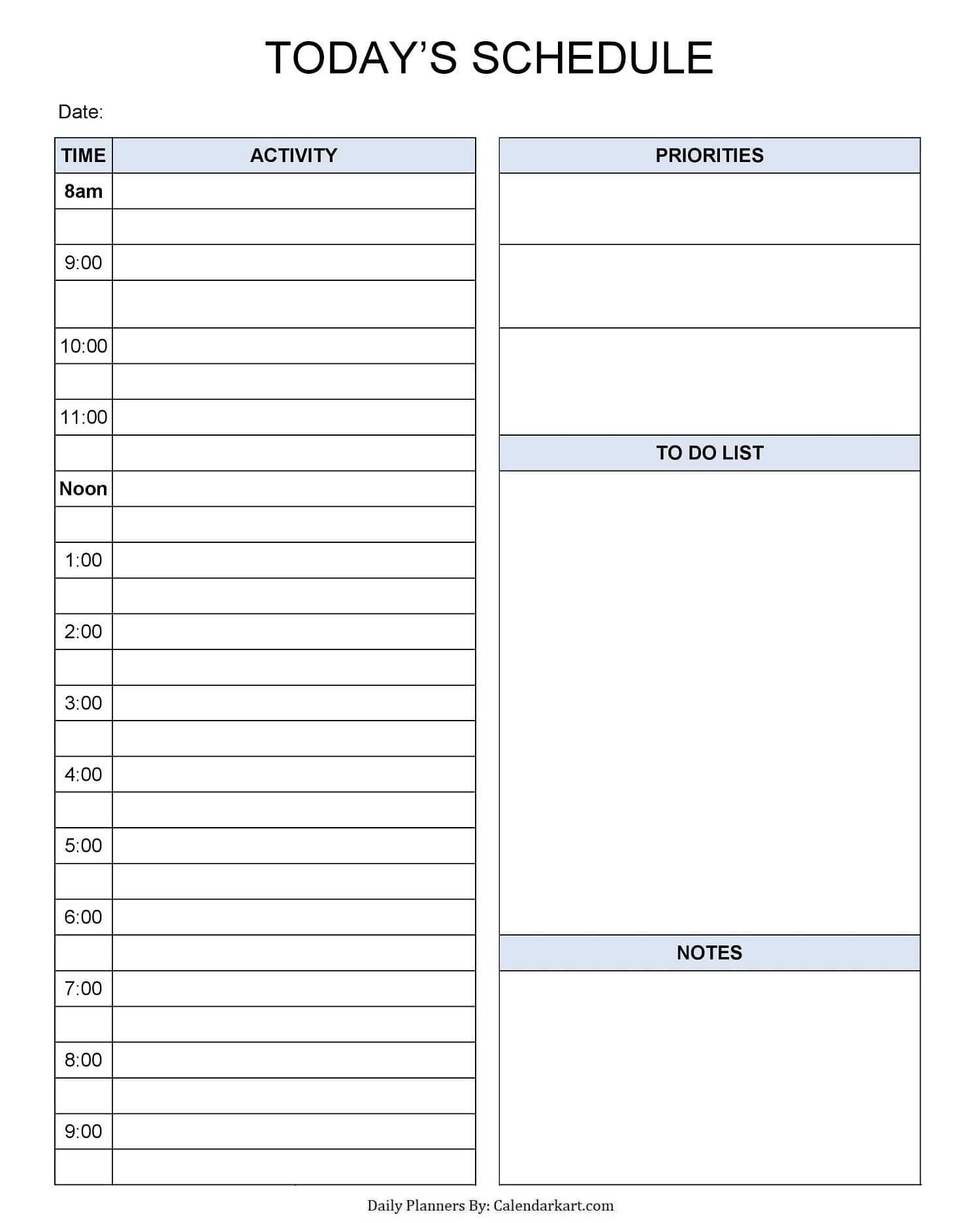 daily task calendar template