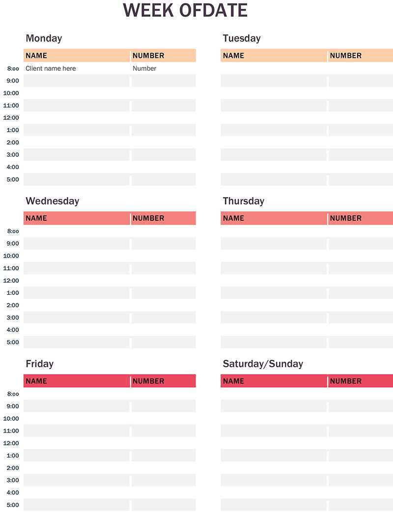 bookings calendar template