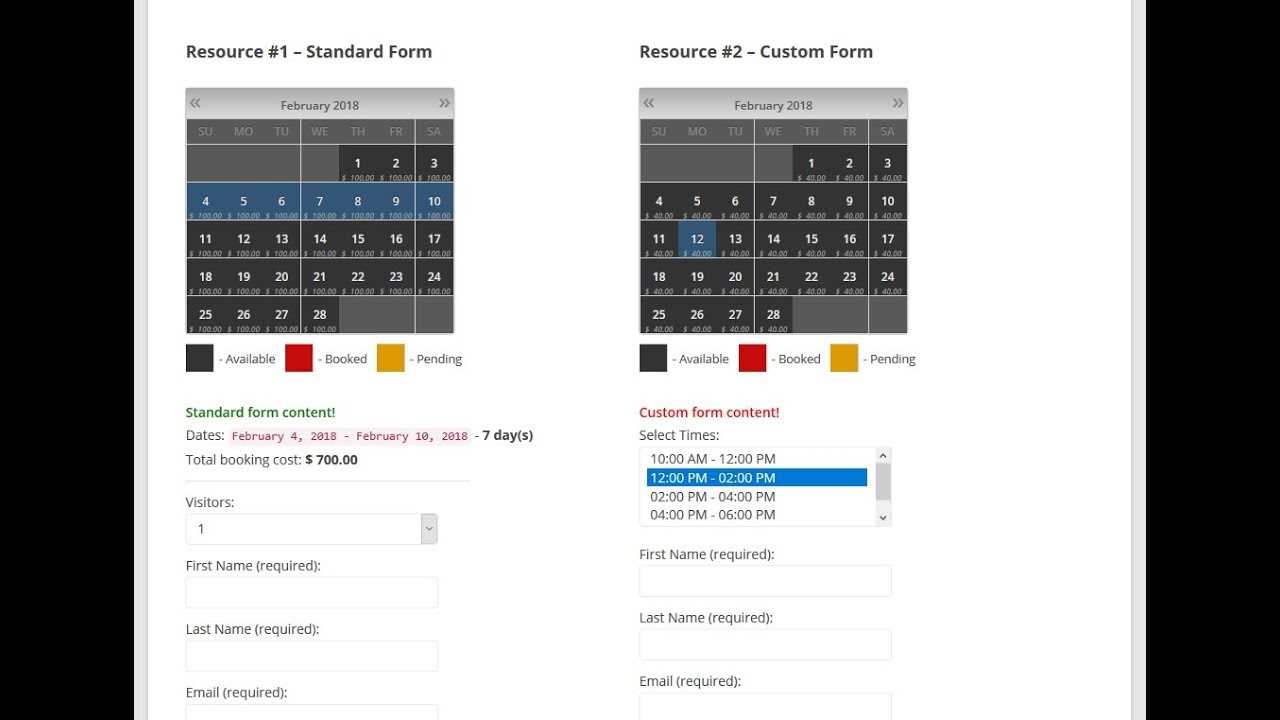 bookings calendar template