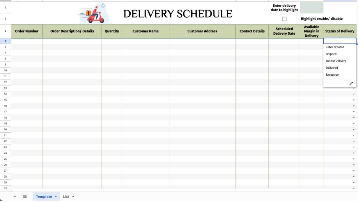 delivery calendar template