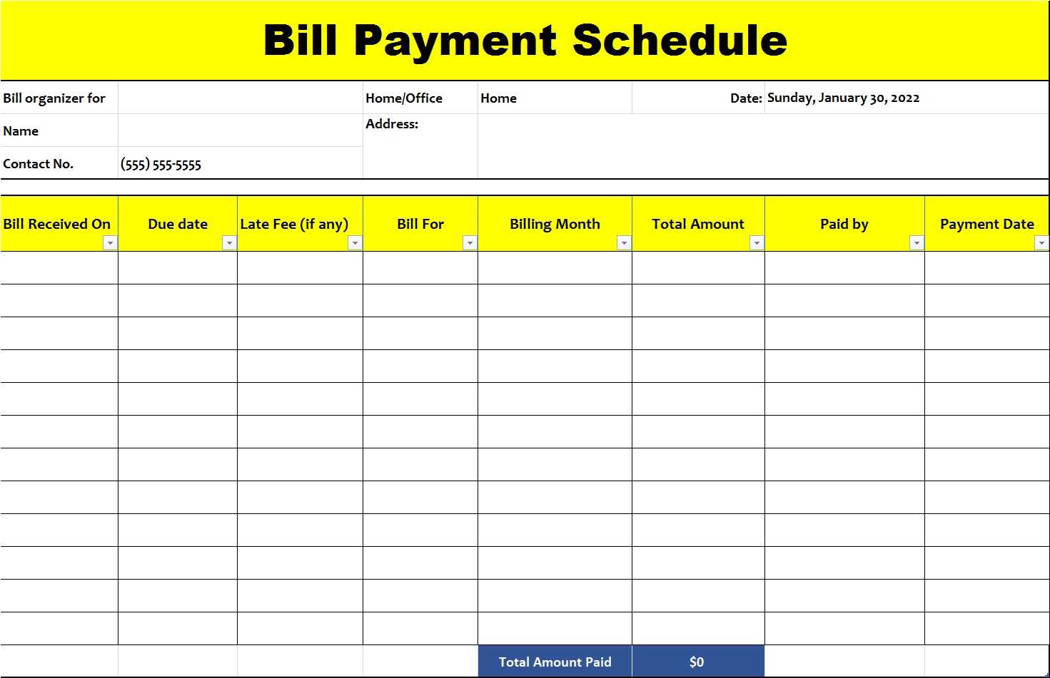 calendar bill payment template