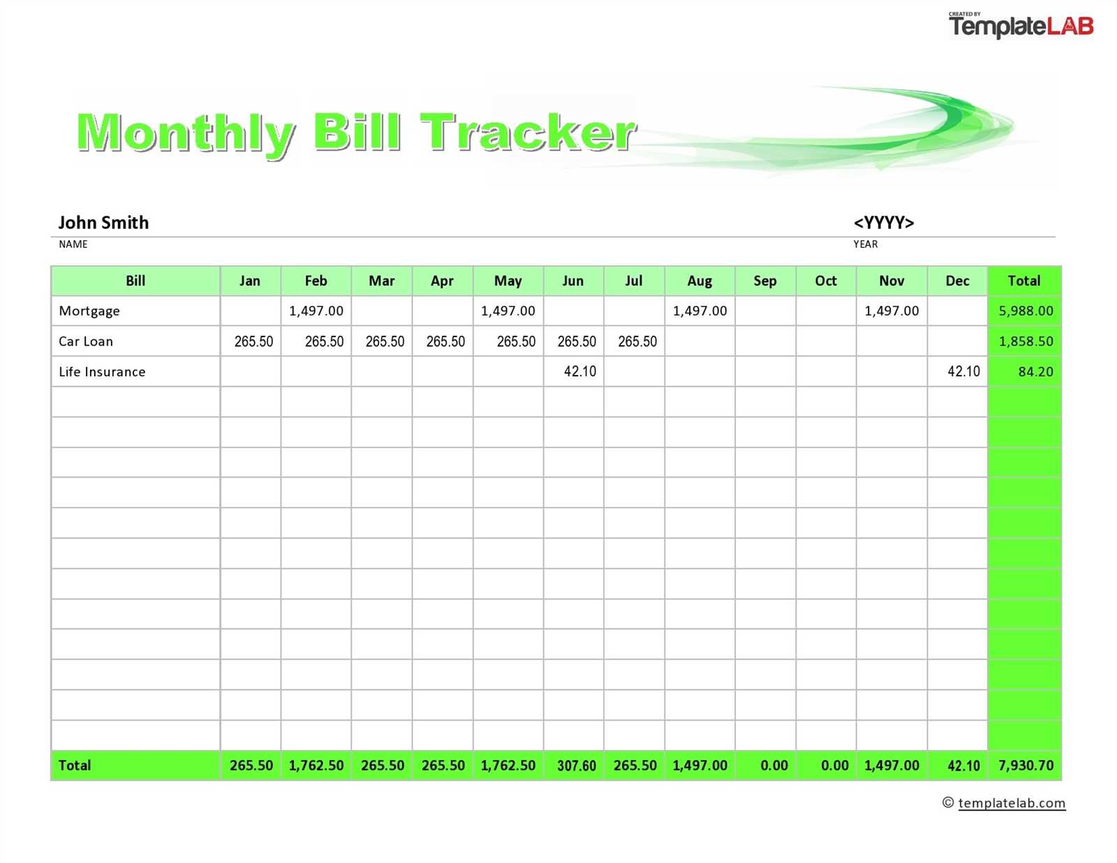 calendar bill payment template