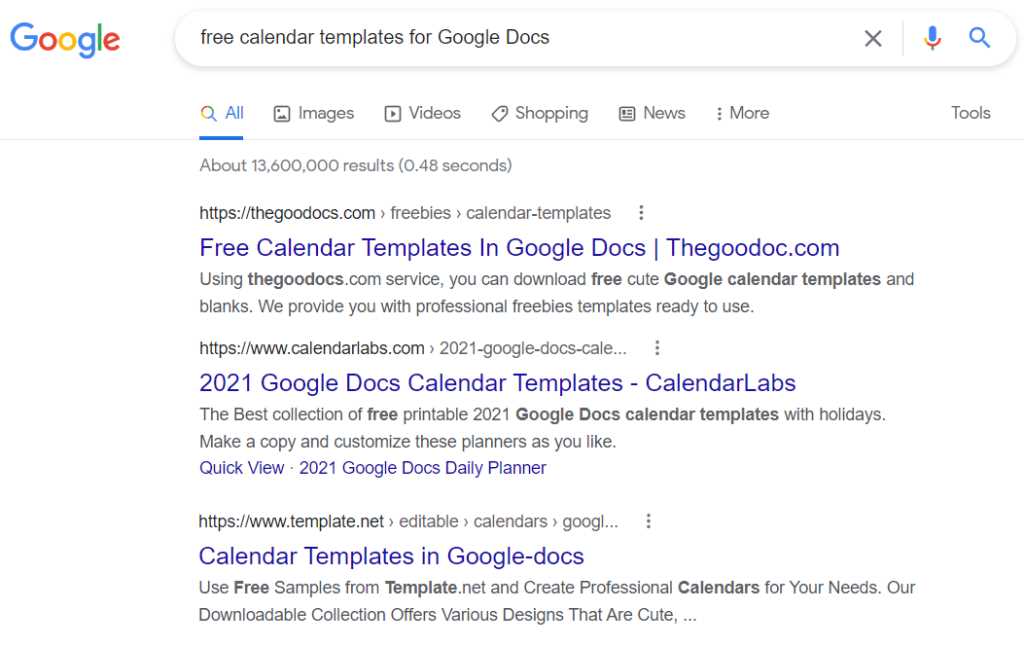 calendar docs template