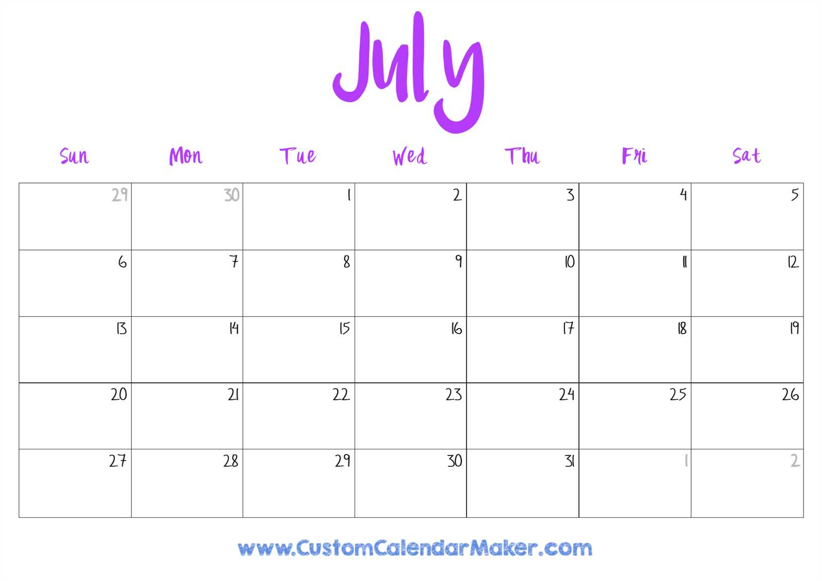 calendar july 2026 template