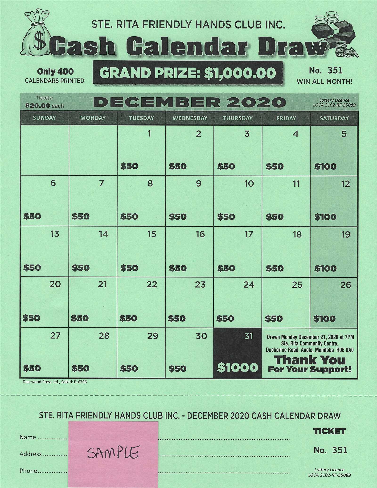 calendar raffle template