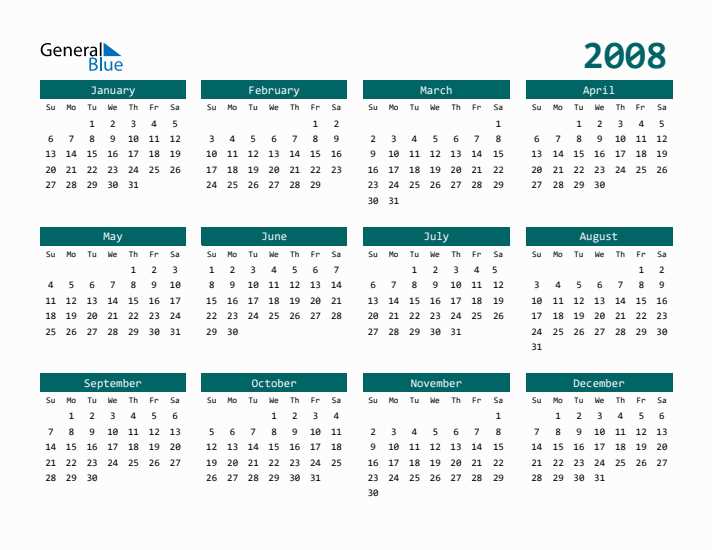 calendar template 2008