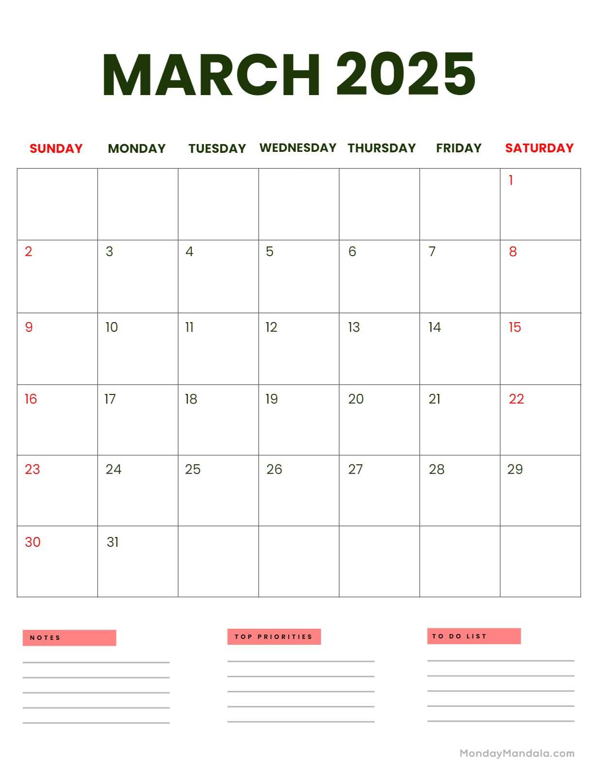 calendar template 2025 march