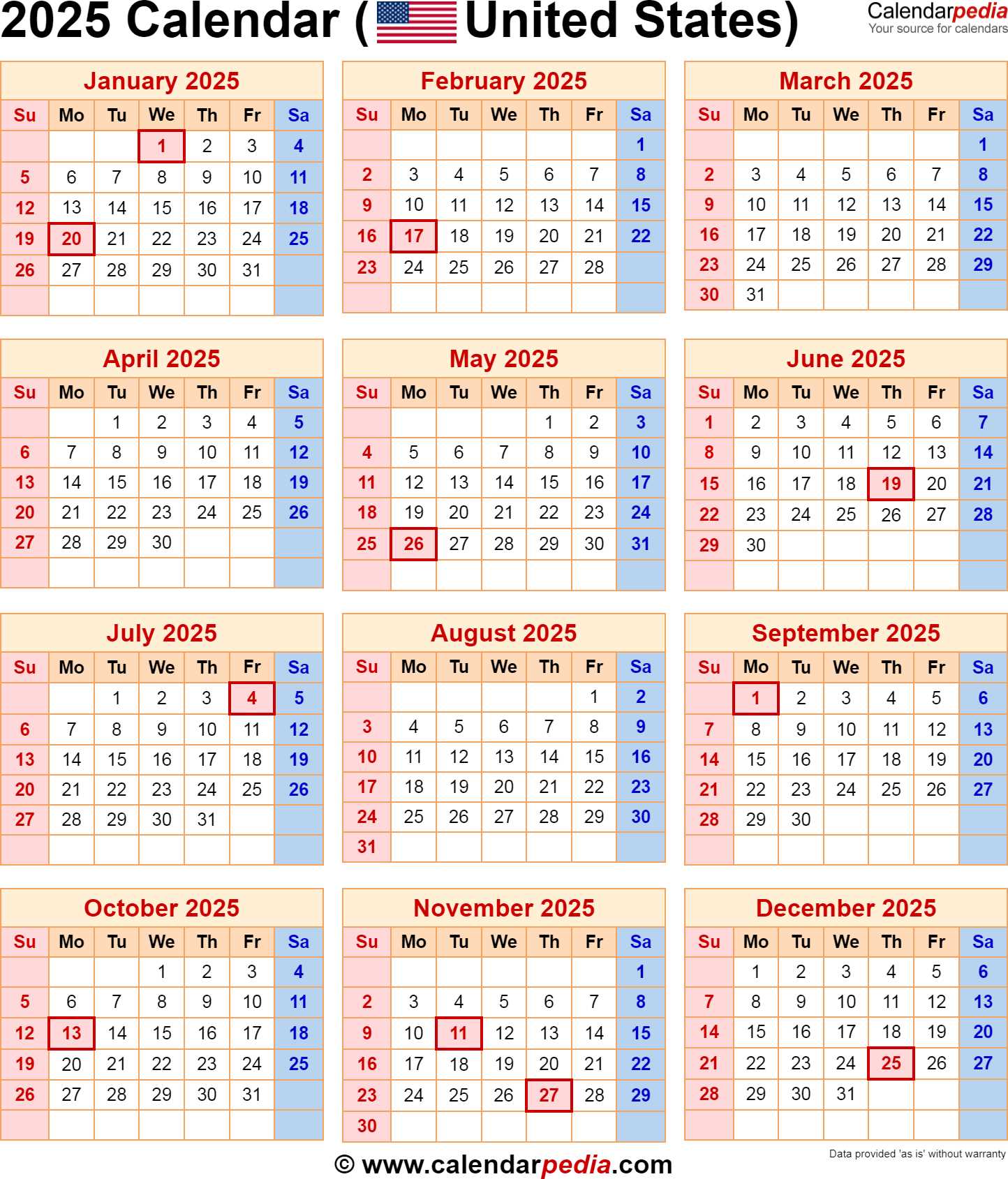 calendar template 2025 with holidays