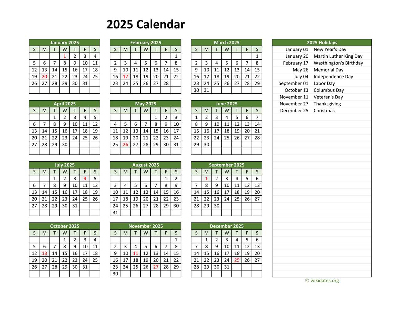 calendar template 2025 with holidays