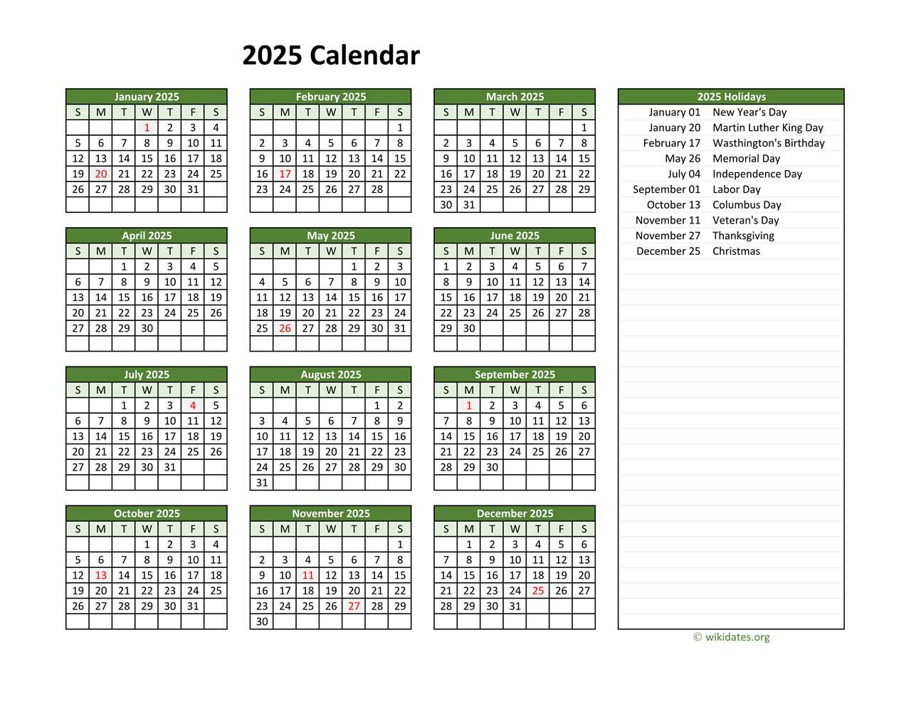 calendar template 2026 with holidays