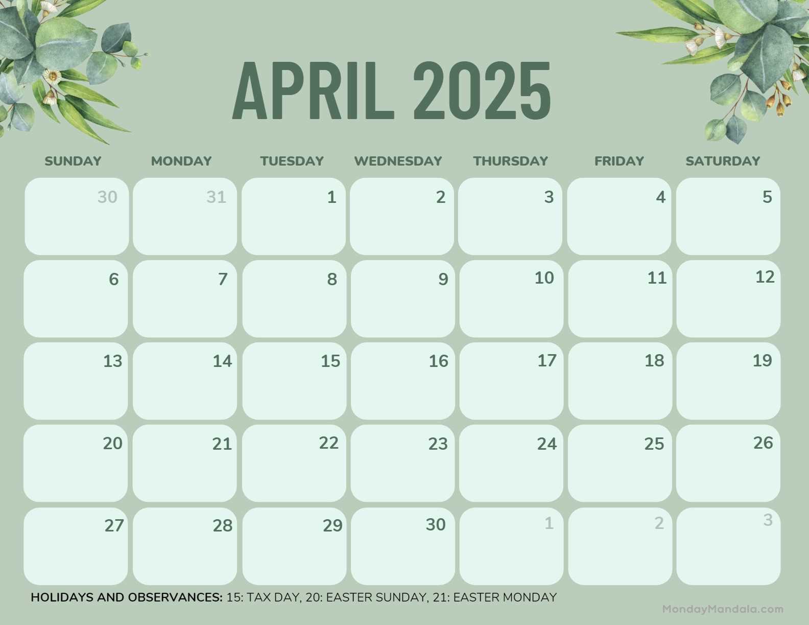 calendar template april 2025 editable