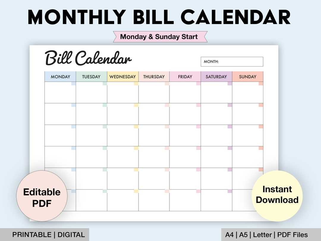 calendar template for bill payments