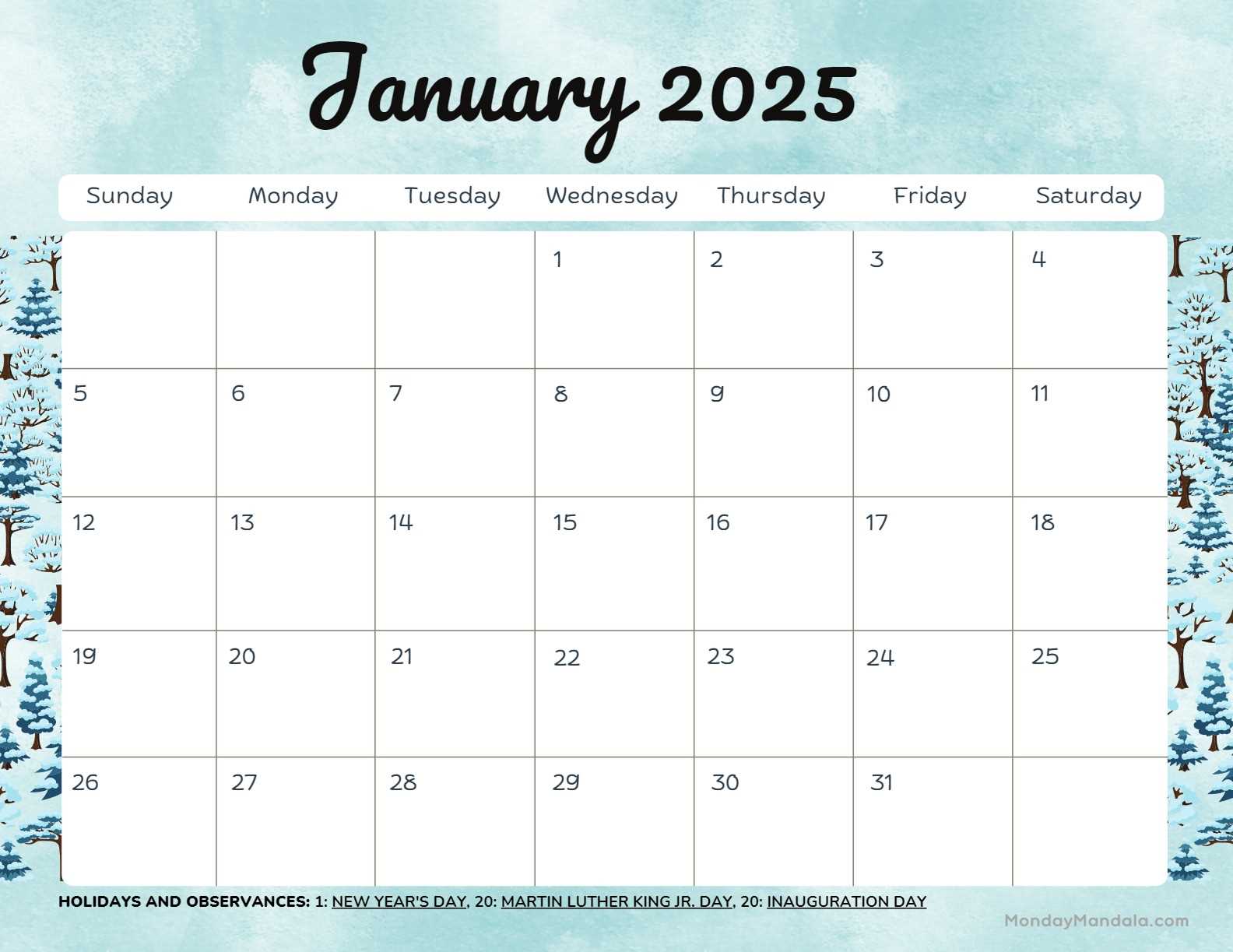 calendar template for january 2025