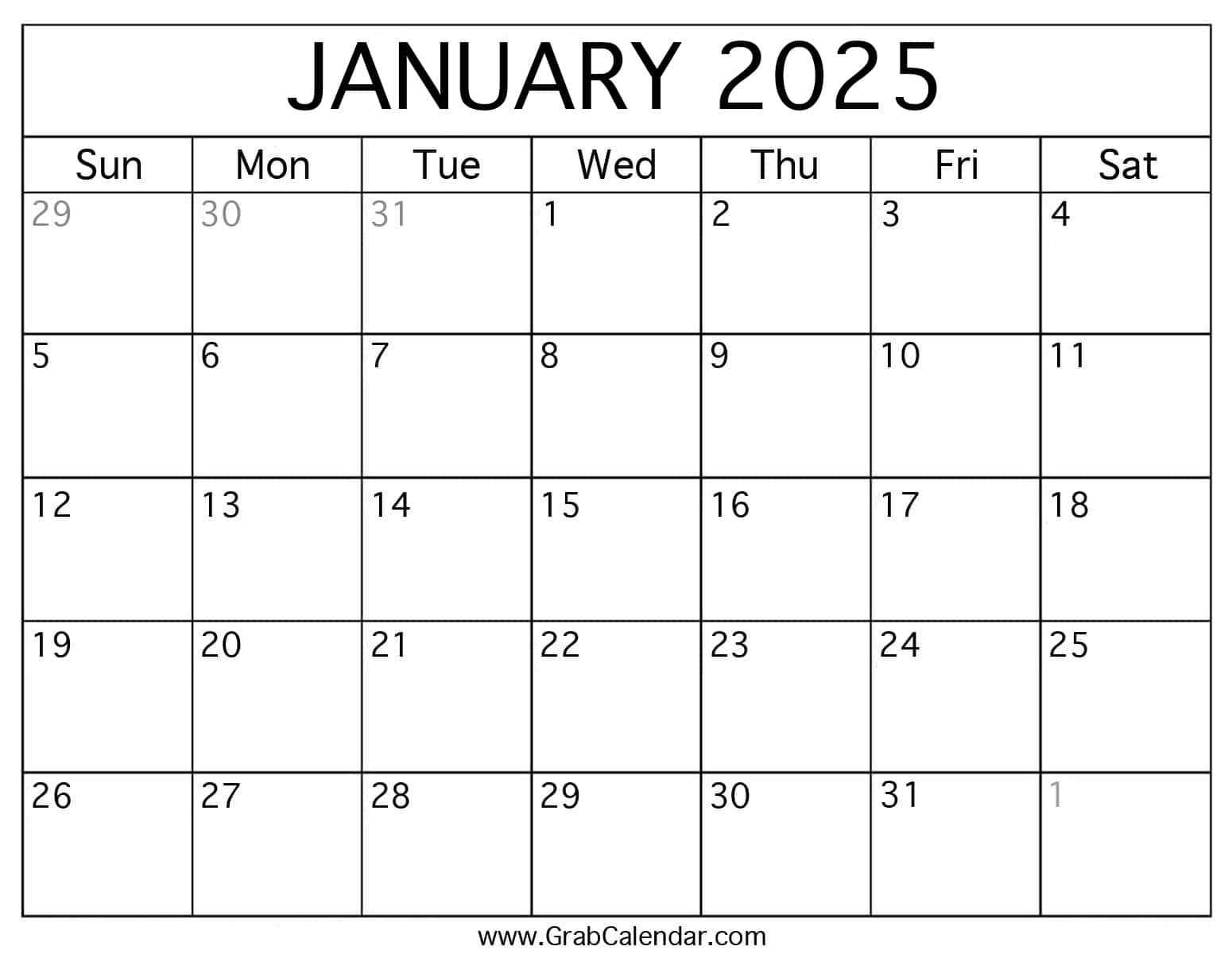 calendar template for january 2025