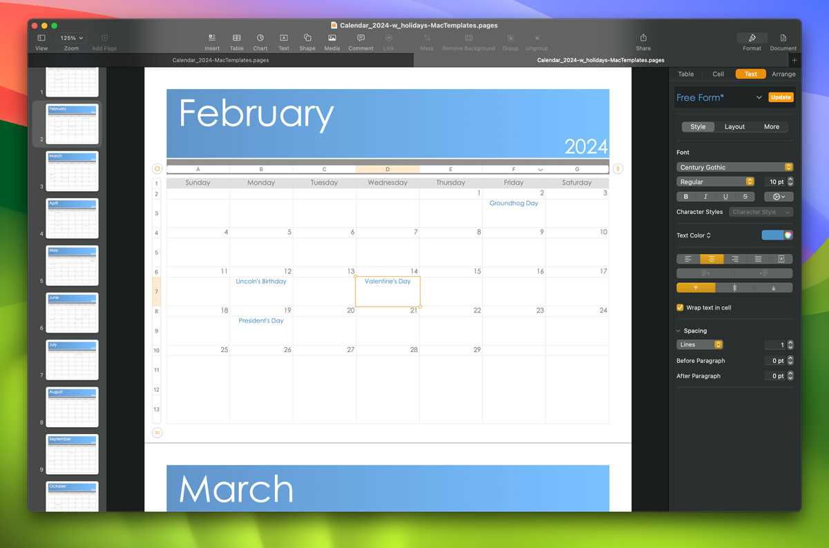 calendar template for mac pages free