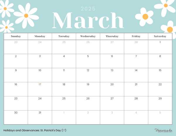 calendar template march 2025 printable