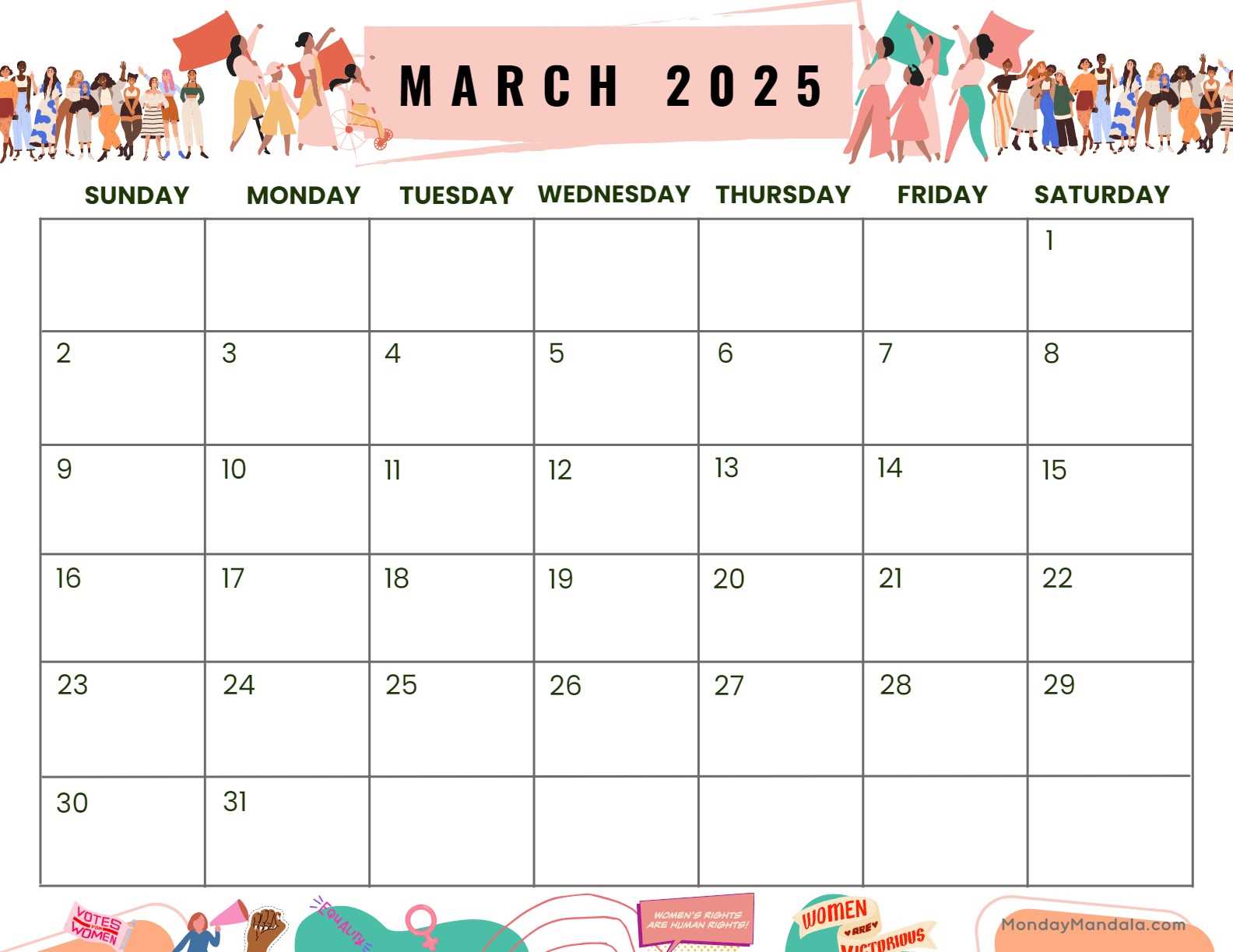 calendar template march 2025