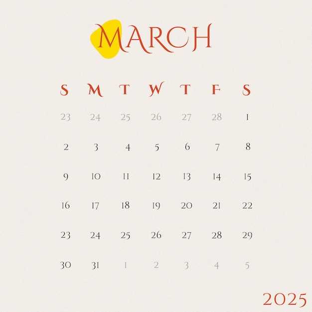 calendar template march 2025