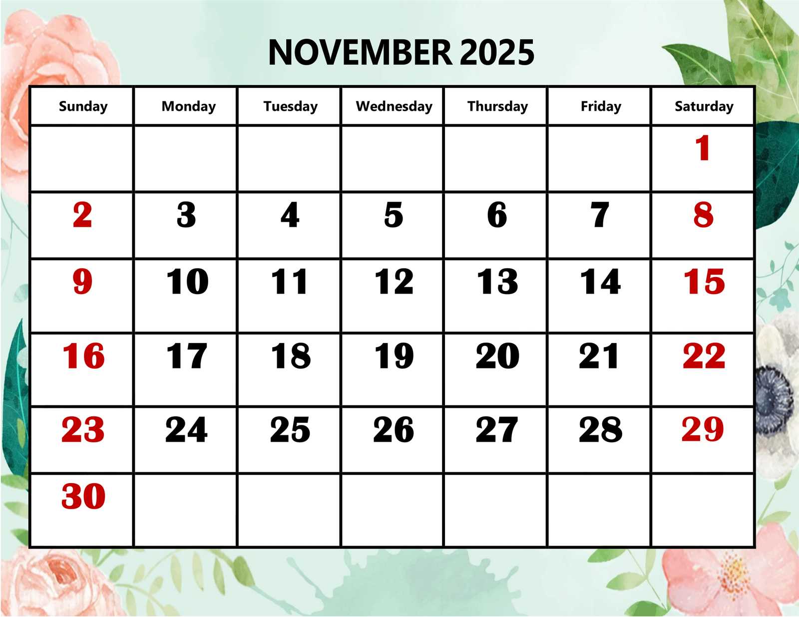 calendar template november 2025 printable