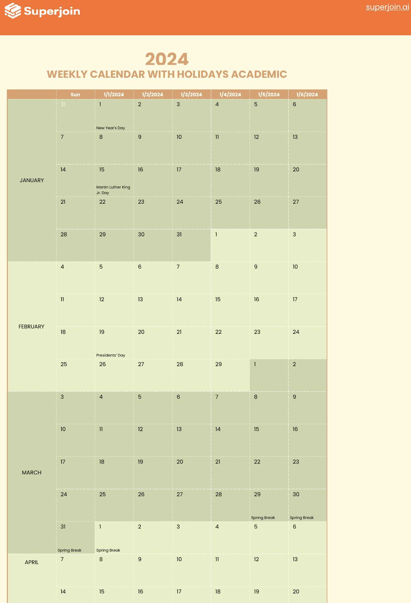 calendar template vertical