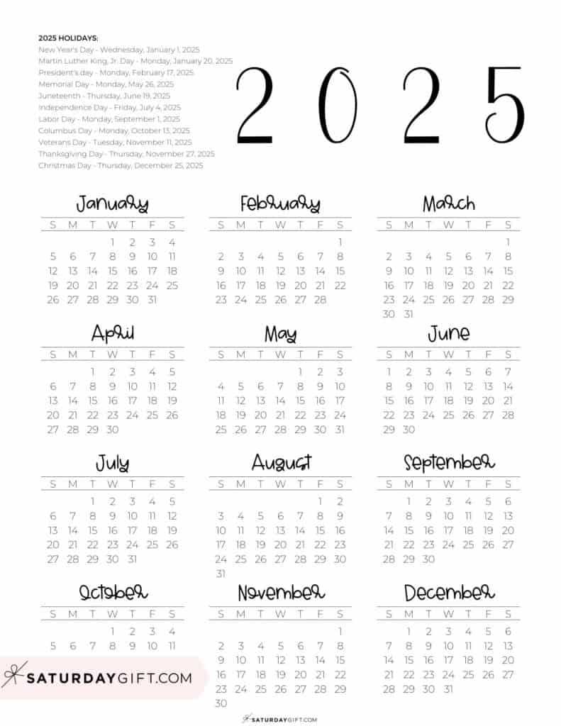 calendar template with holidays 2025