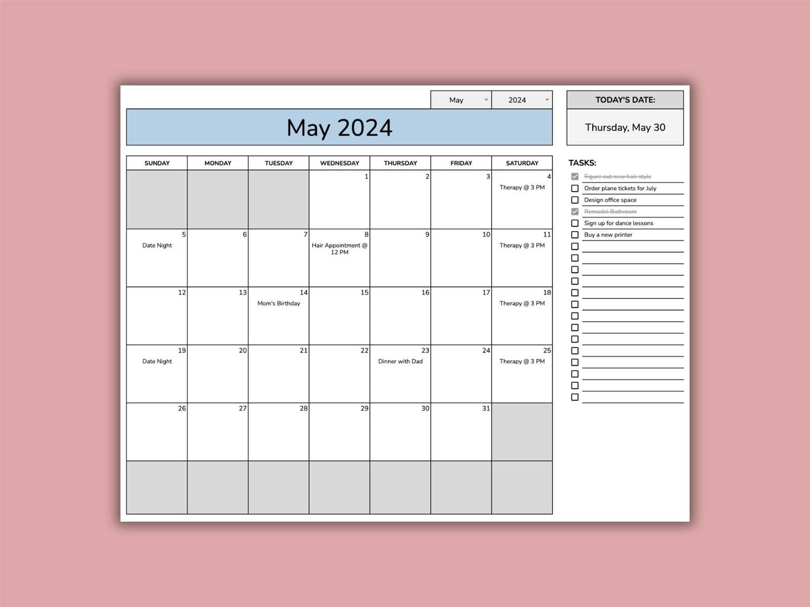 calendar to do template