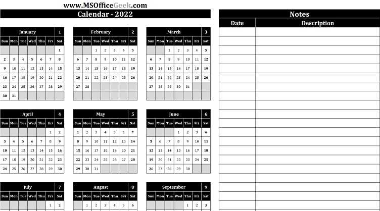 calendar with notes template