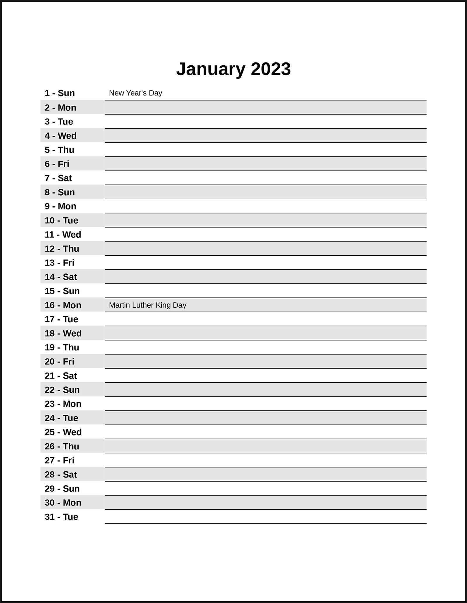 calendar with notes template