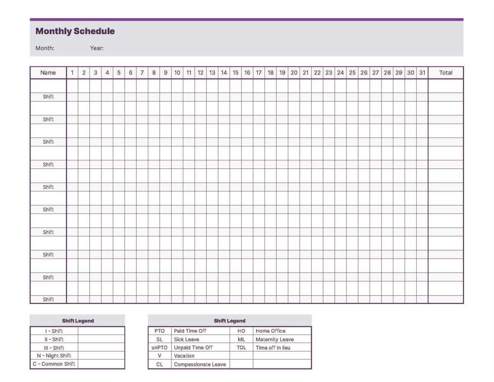 calendar work schedule template