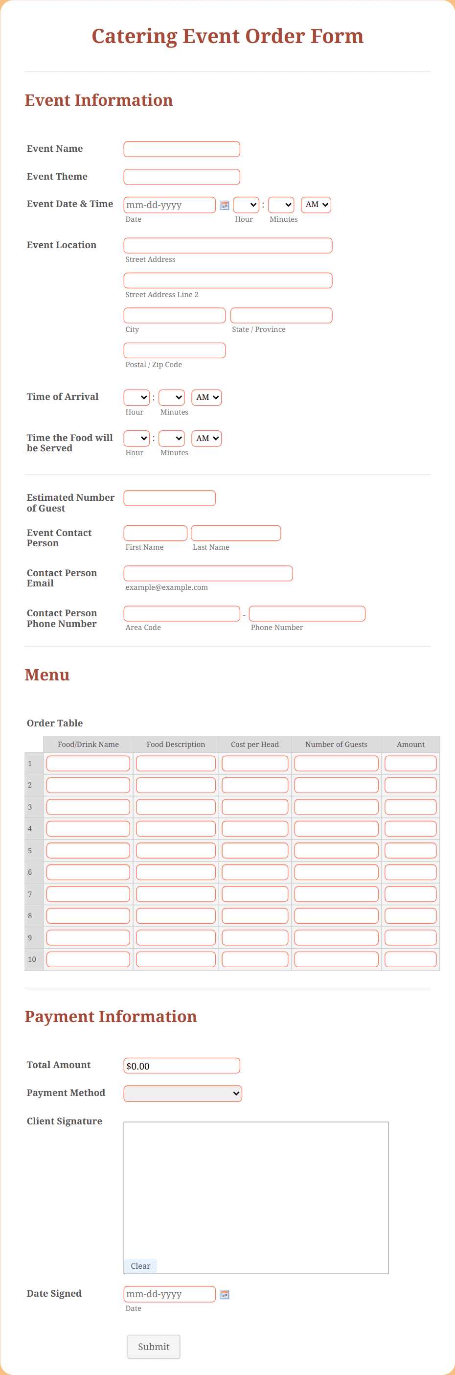 catering calendar template