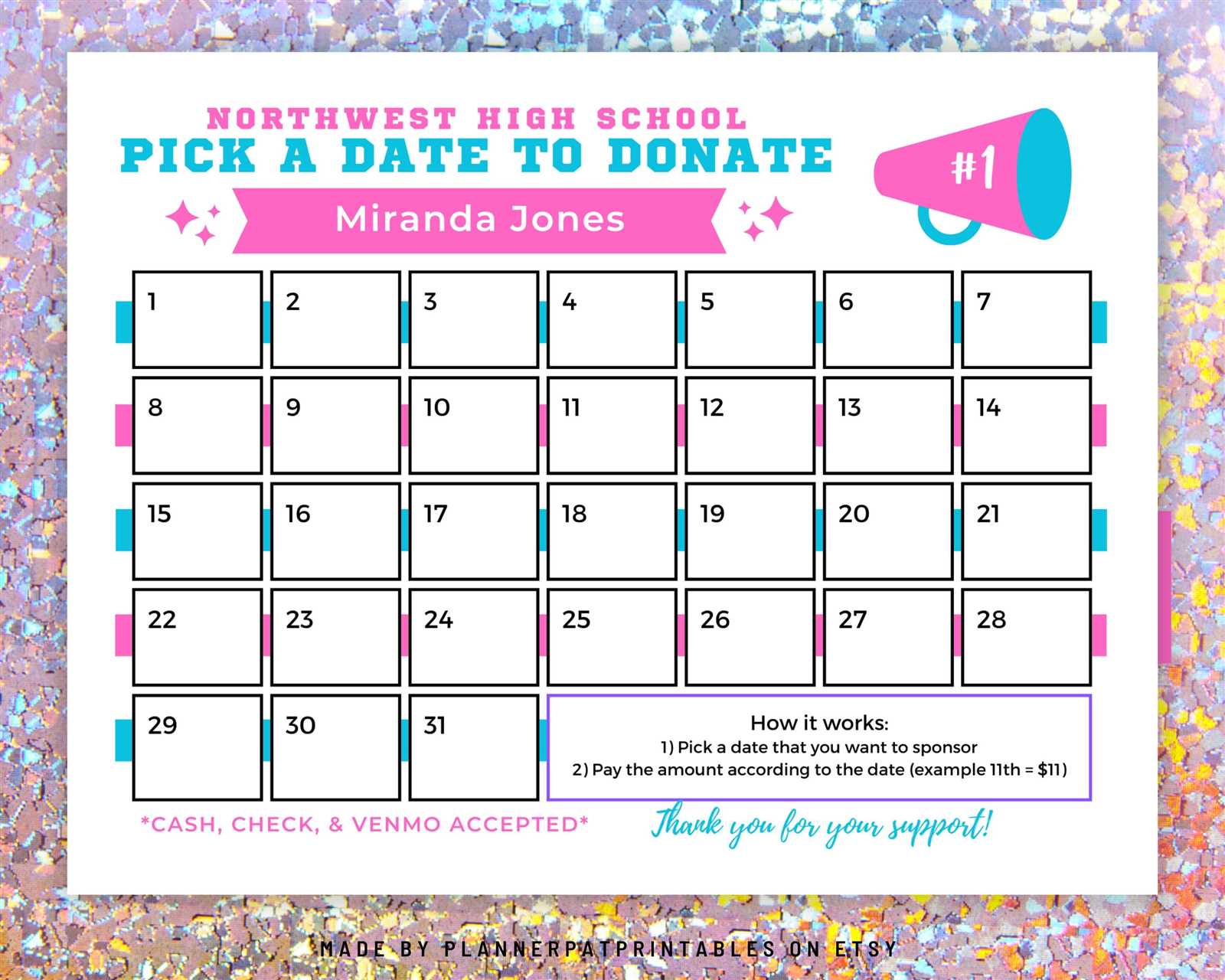 cheer fundraiser calendar template