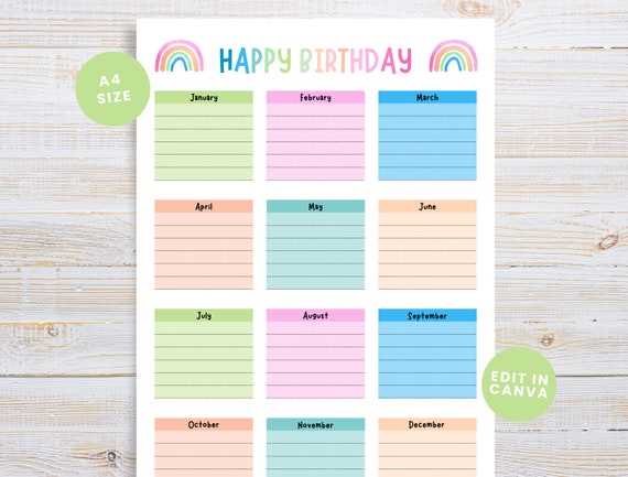 class birthday calendar template