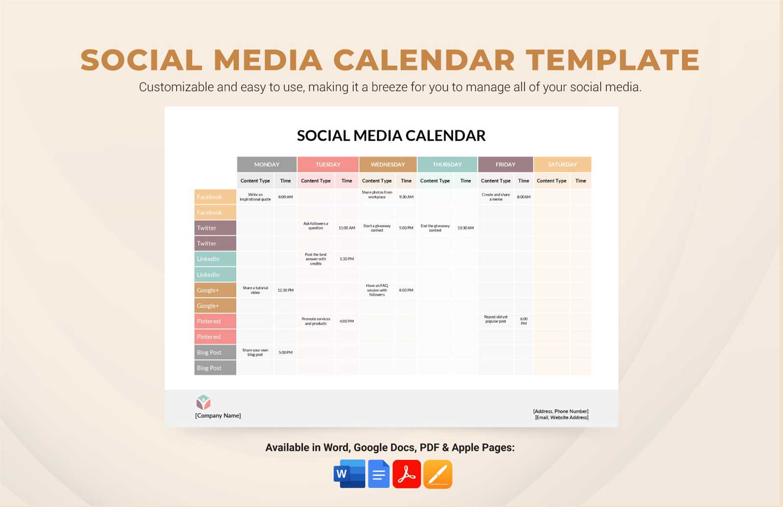 content calendar for social media template