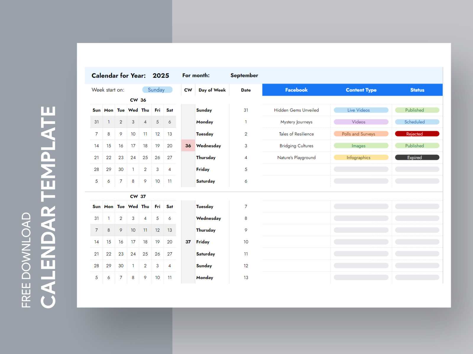 content calendar template for social media