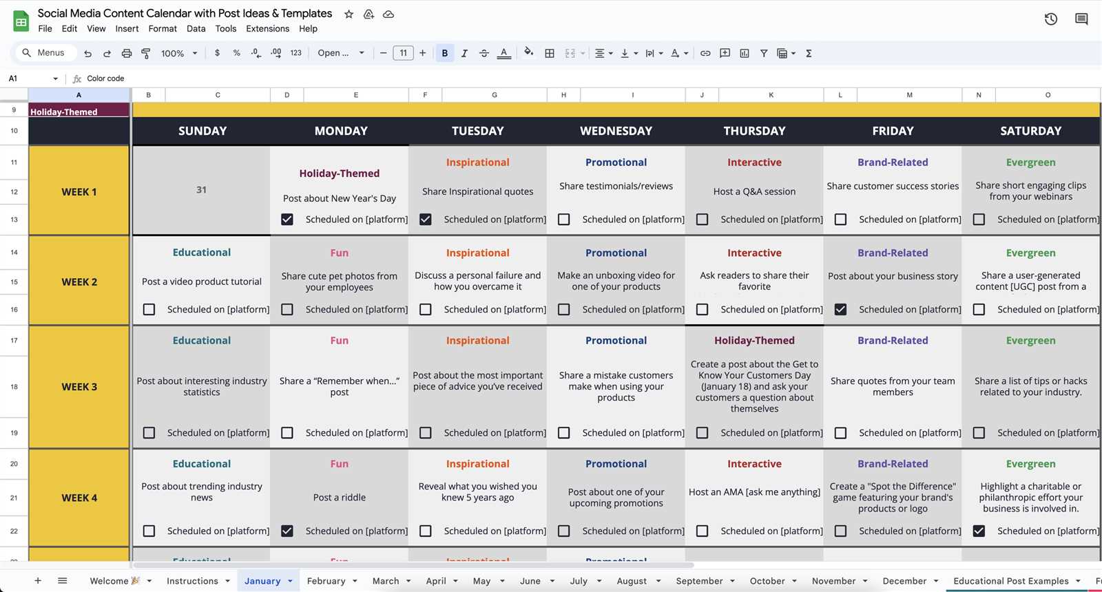 content plan calendar template