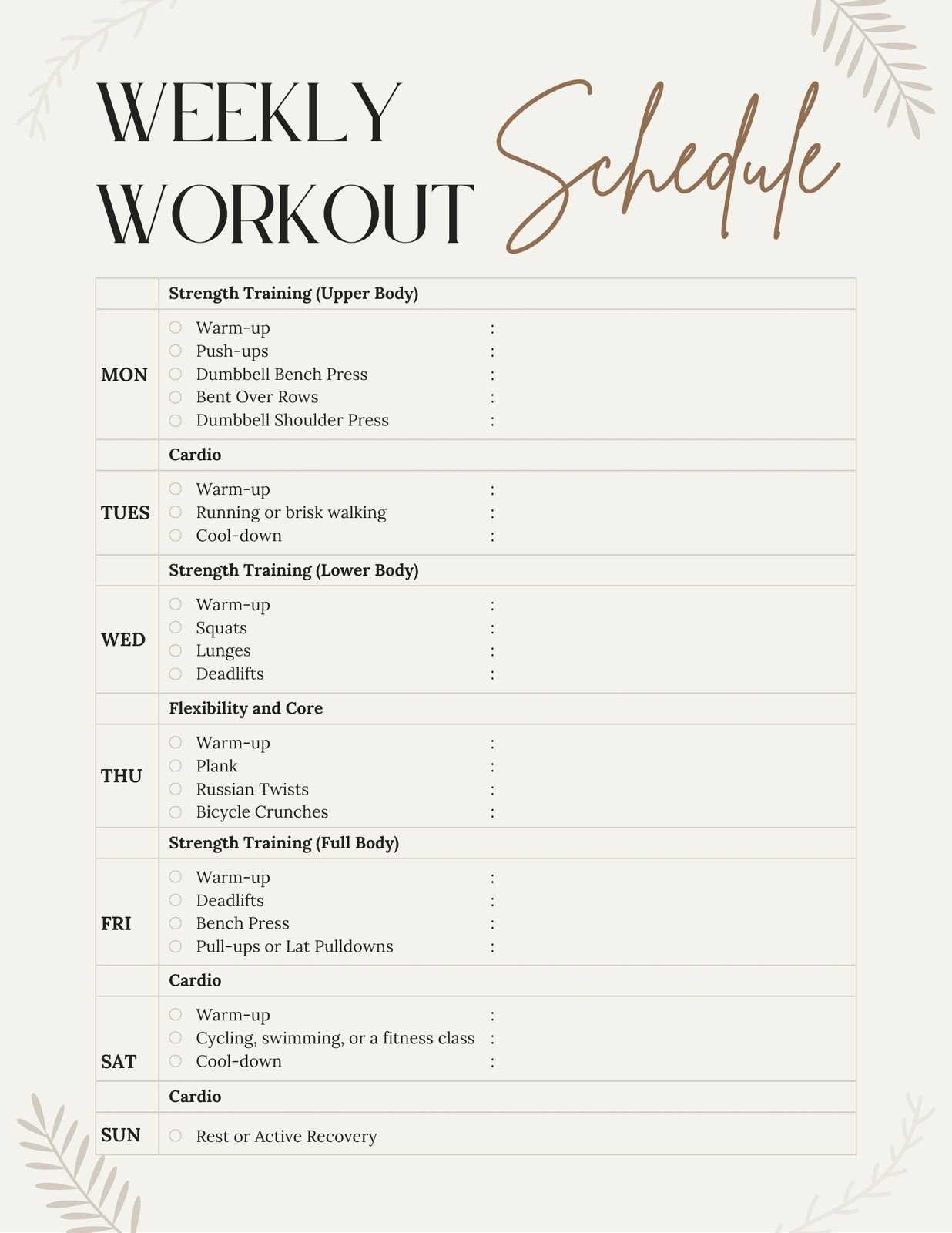 cute workout calendar template