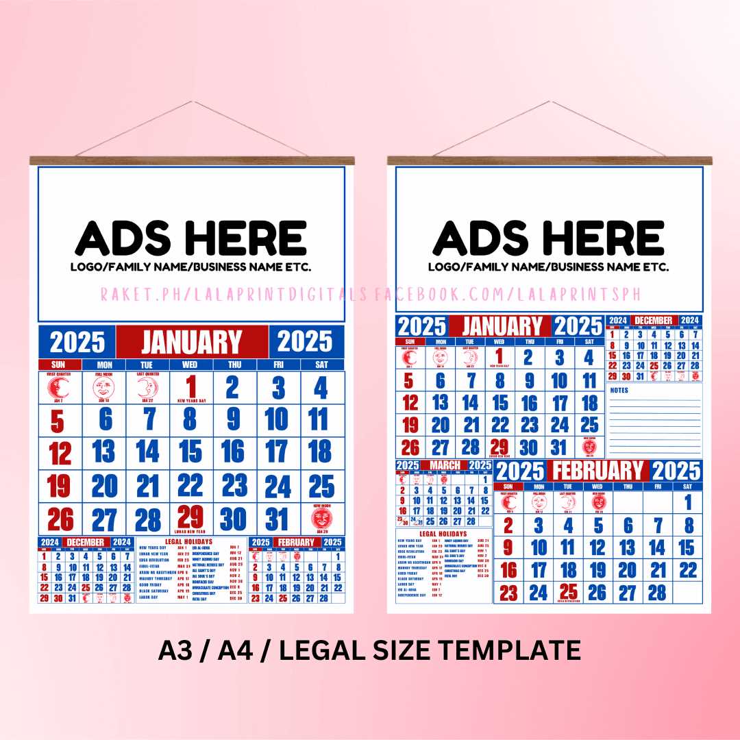 a5 calendar template 2025