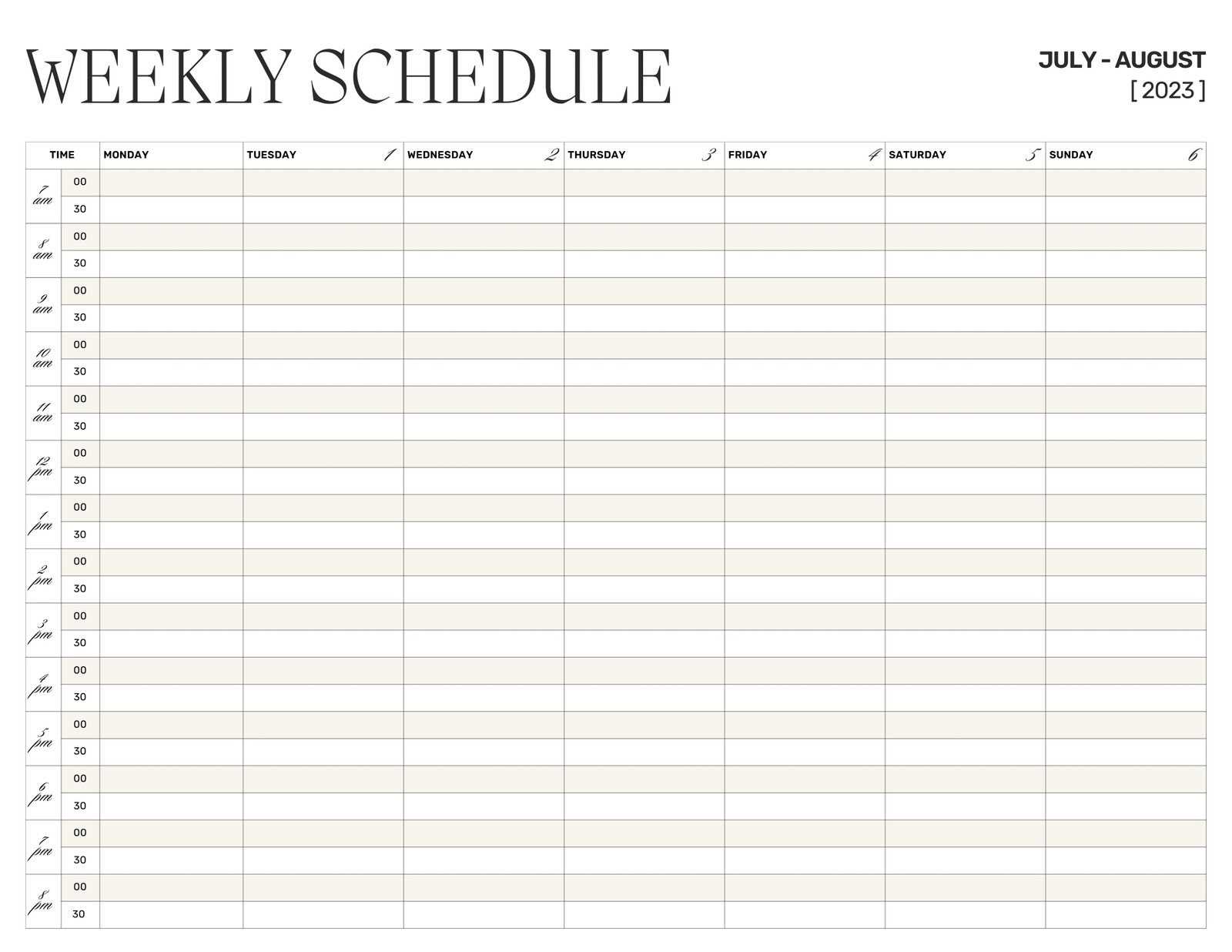 days of week calendar template