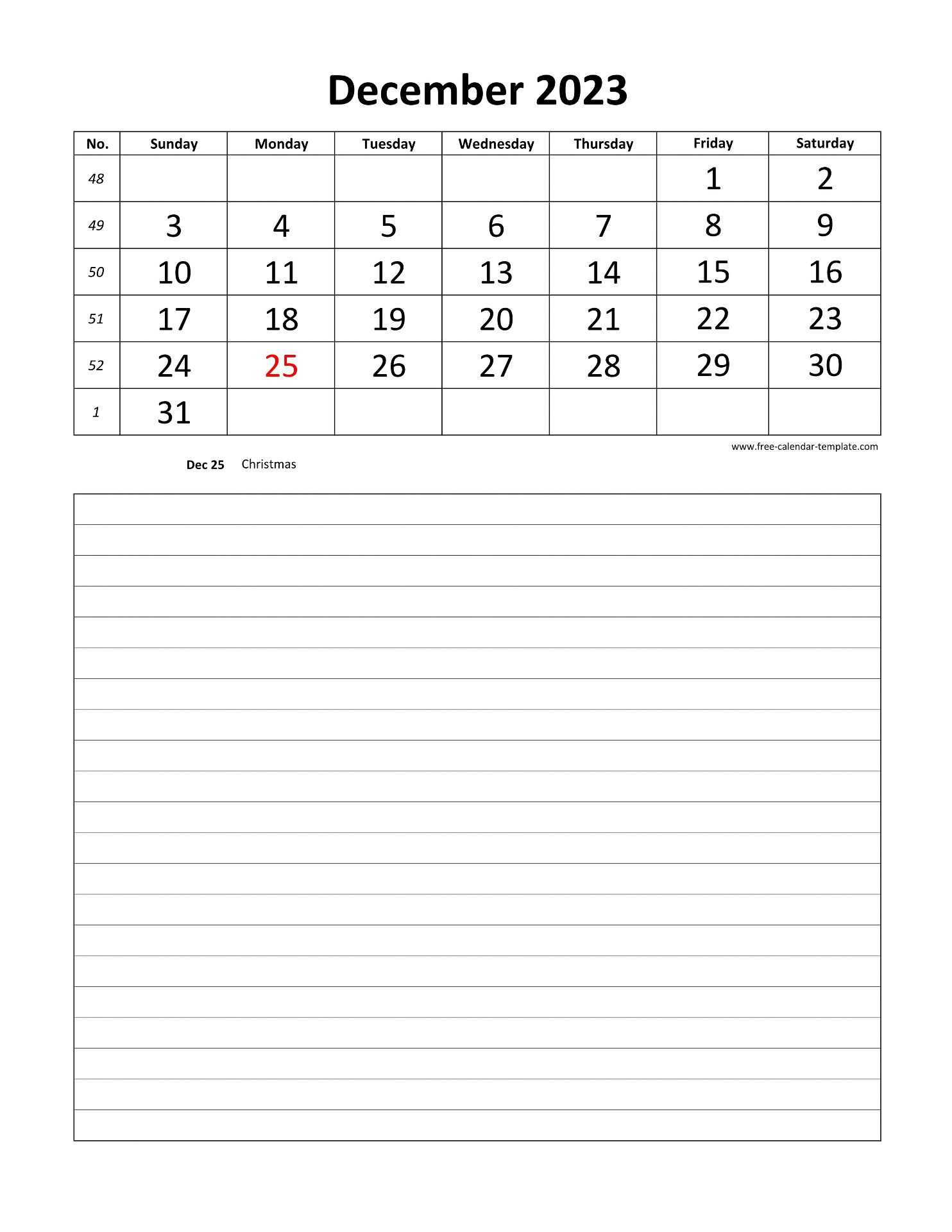 december 23 calendar template