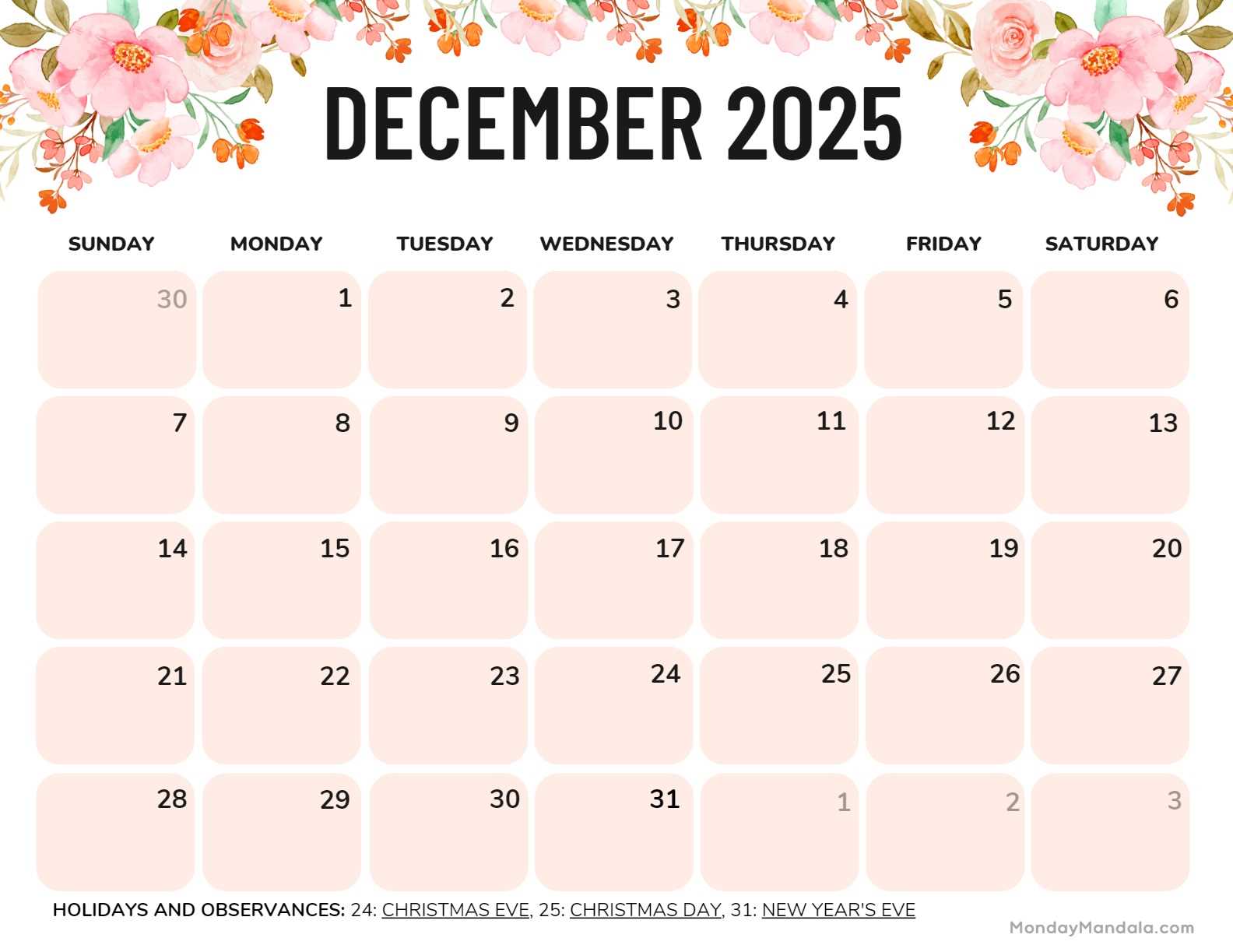 december calendar template 2025