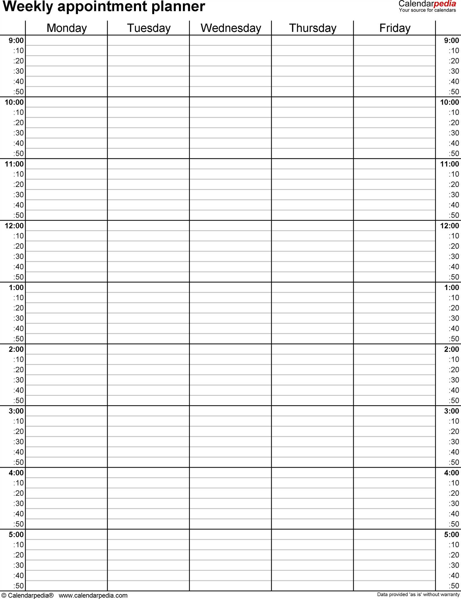5 day monthly calendar template